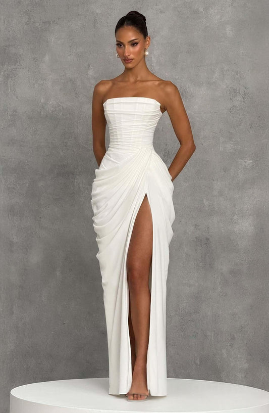 strapless evening dress with slit|etherealforher.com/